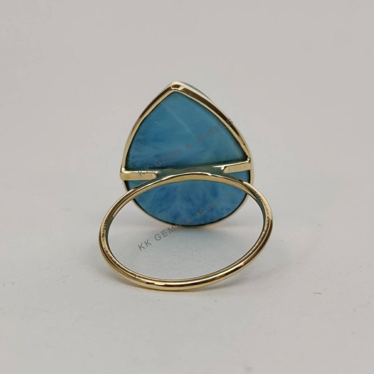 Natural Larimar Ring, 14K Solid Yellow Gold Bezel Ring, Pear Cabochon