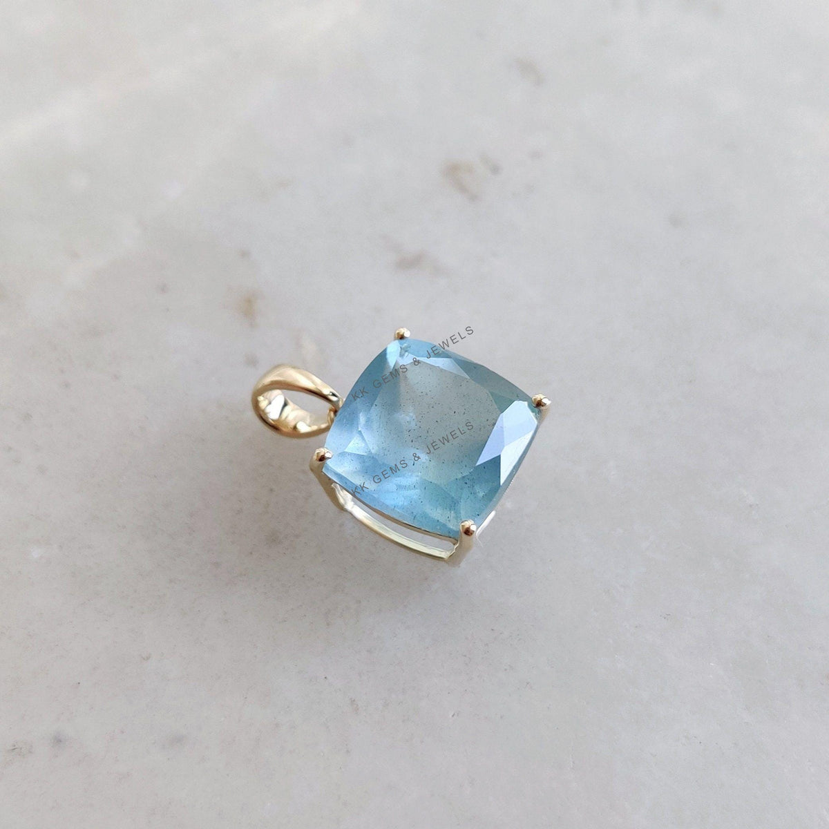 14K Solid Yellow Gold Natural Aquamarine Pendant, March Birthstone Jewelry