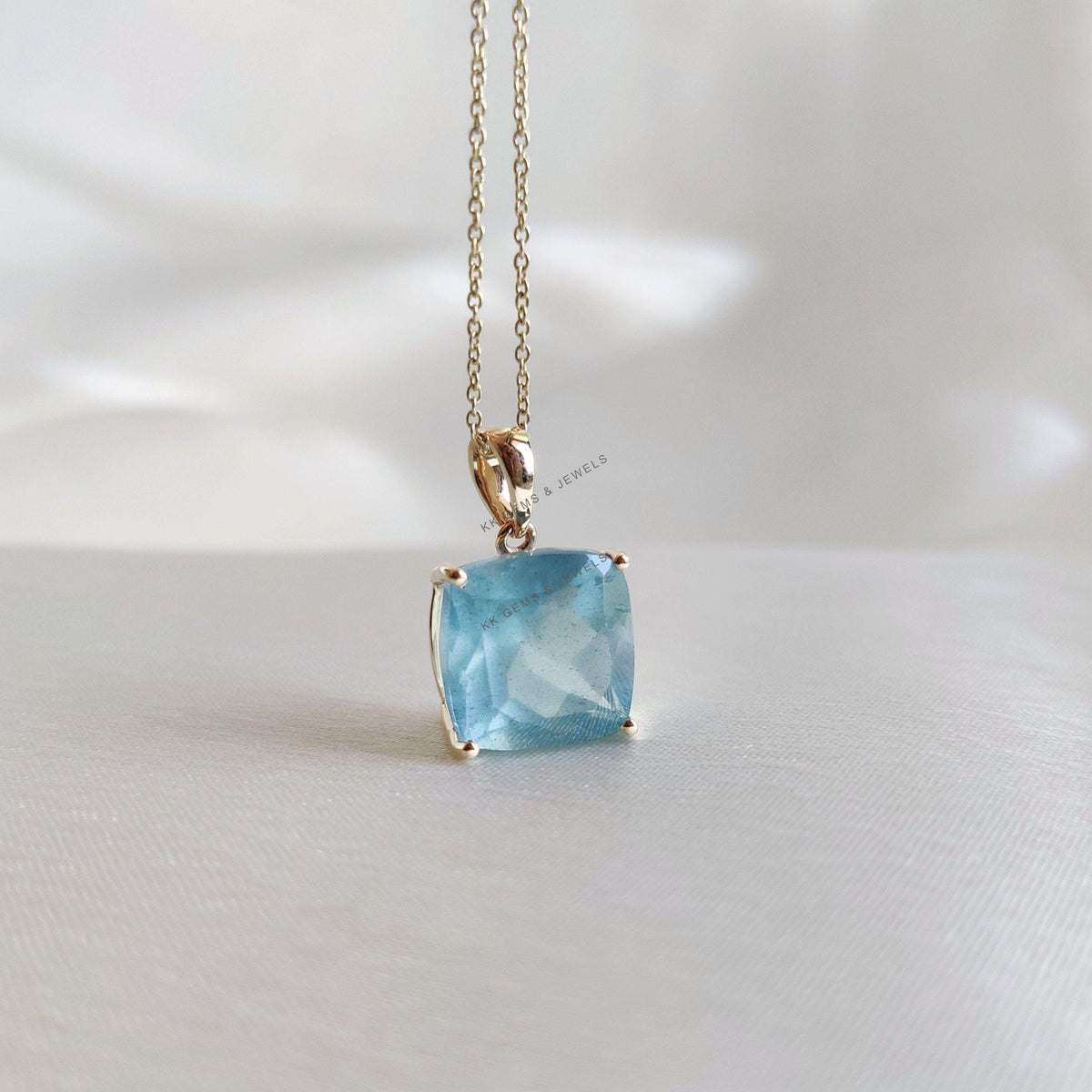 14K Solid Yellow Gold Natural Aquamarine Pendant, March Birthstone Jewelry