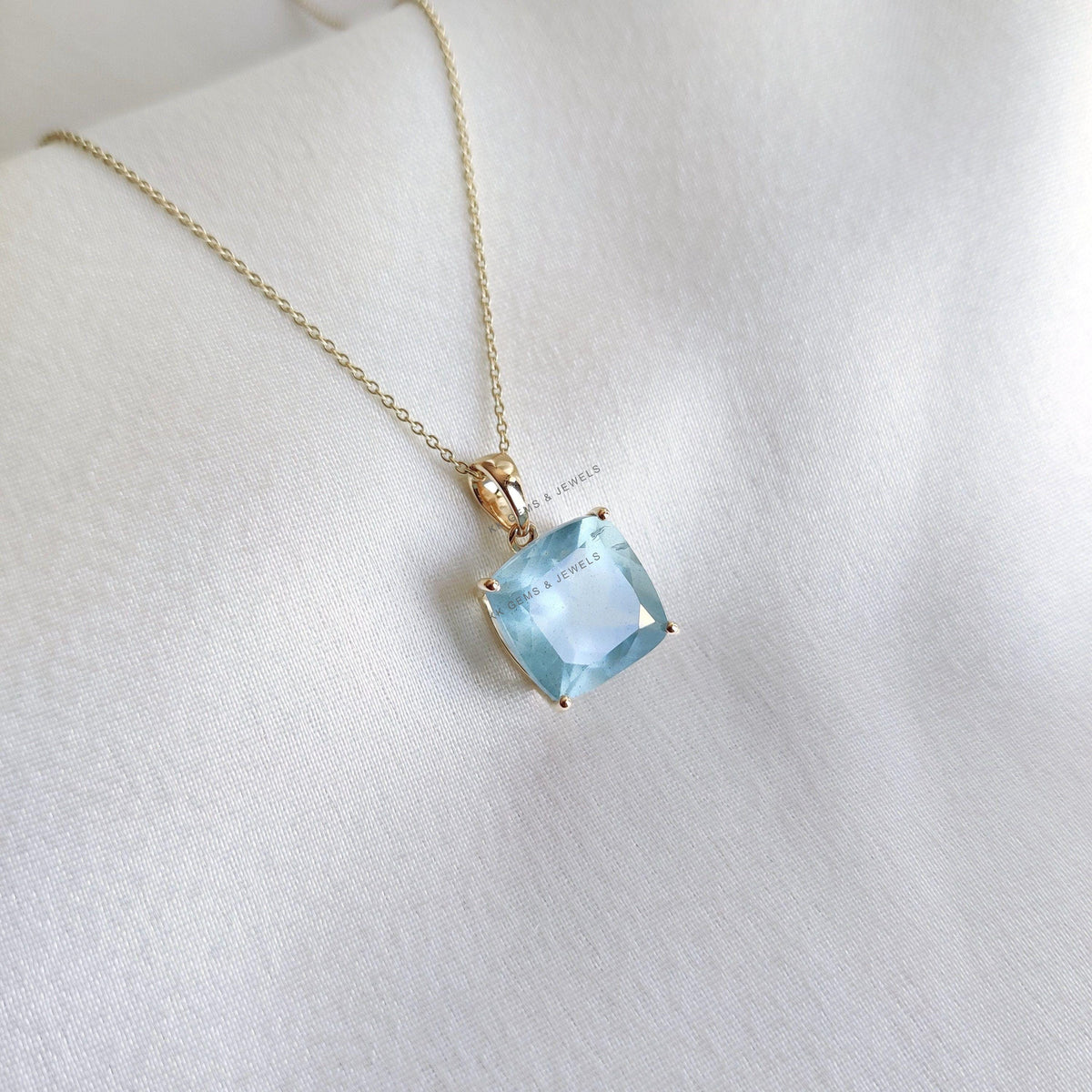 14K Solid Yellow Gold Natural Aquamarine Pendant, March Birthstone Jewelry