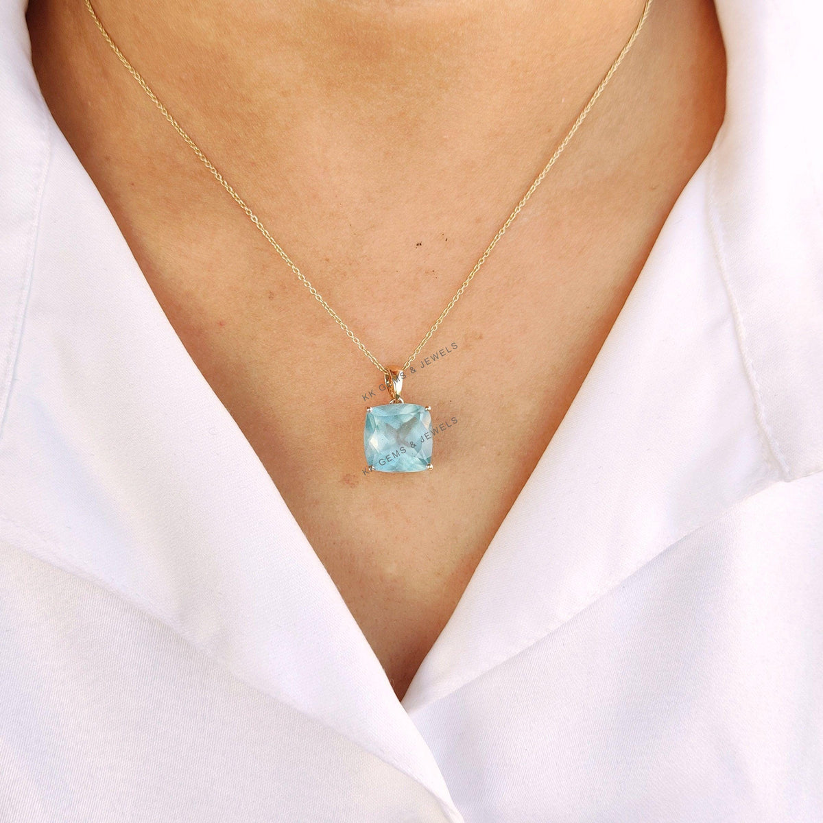 14K Solid Yellow Gold Natural Aquamarine Pendant, March Birthstone Jewelry