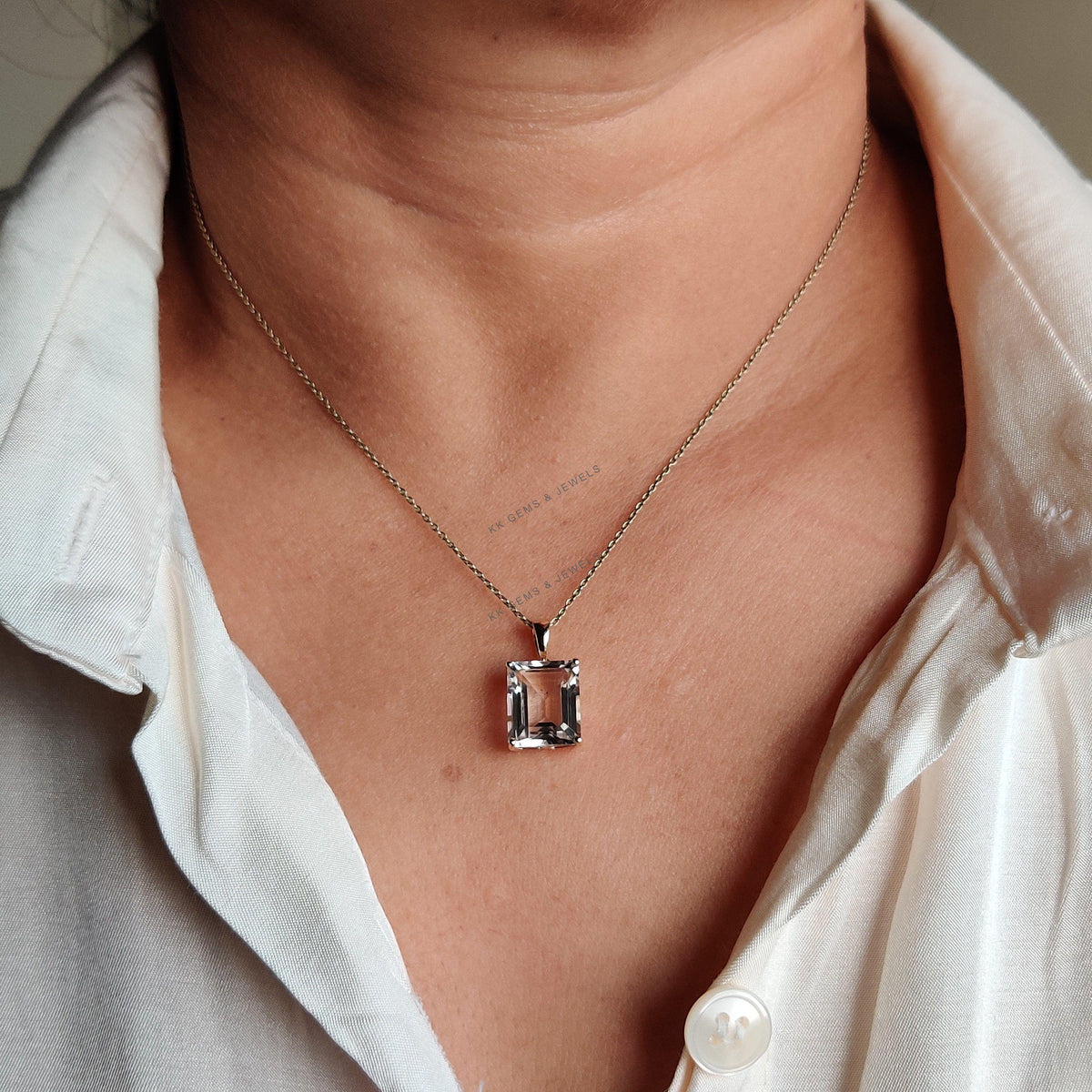 Natural White Topaz Pendant, 14K Solid Yellow Gold, November Birthstone