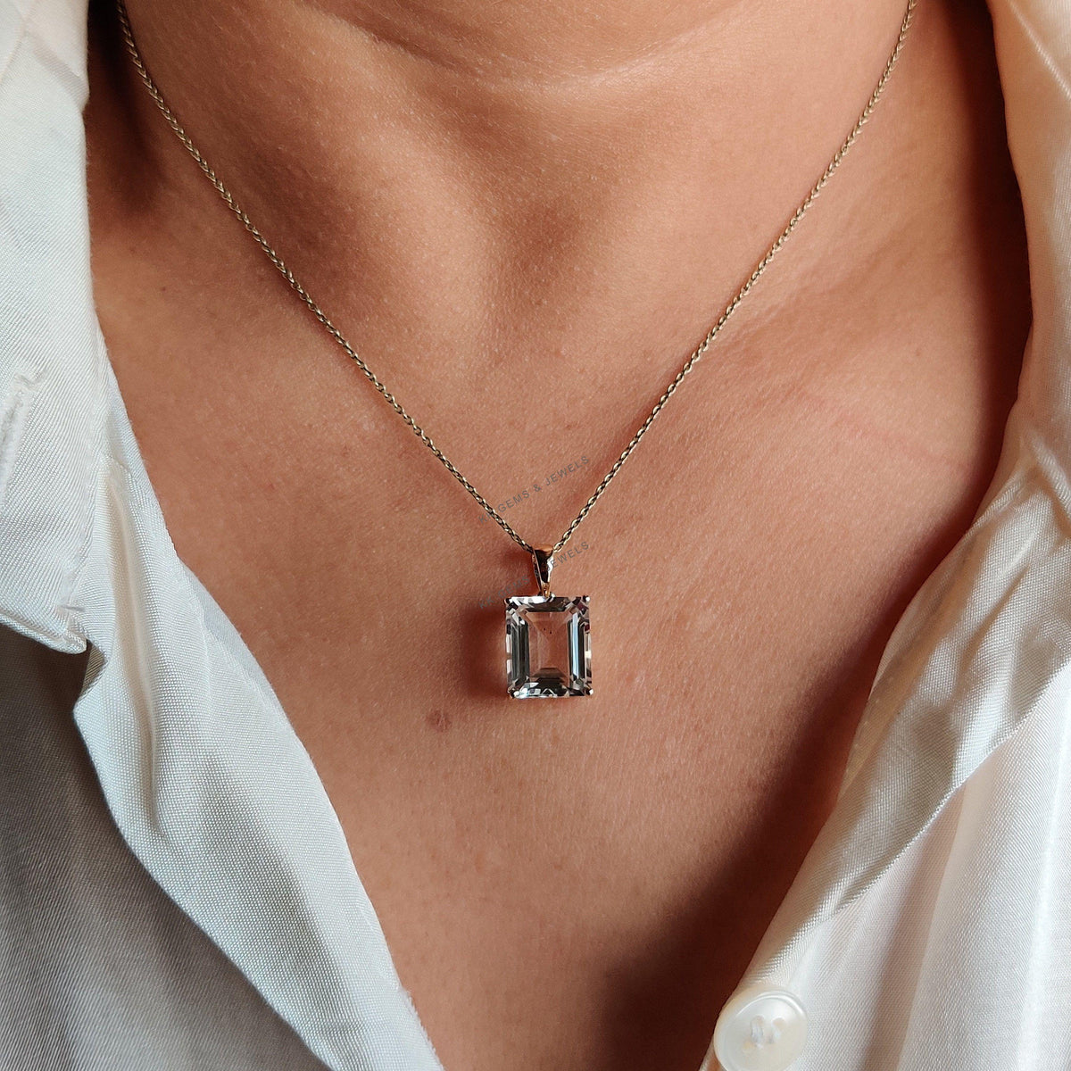 Natural White Topaz Pendant, 14K Solid Yellow Gold, November Birthstone