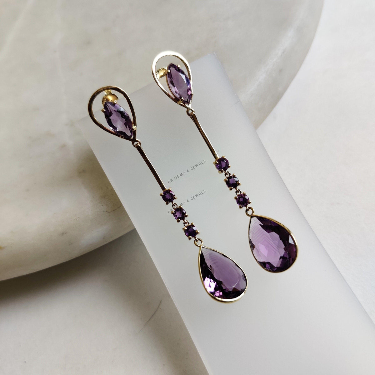 14K Solid Yellow Gold Natural Purple Amethyst Drop Earrings, February Birthstone