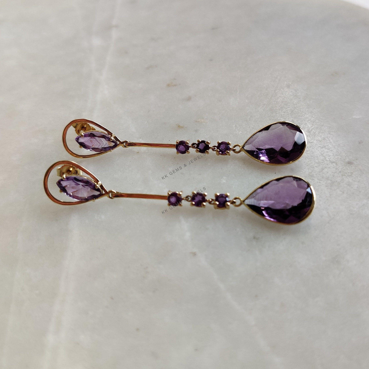 14K Solid Yellow Gold Natural Purple Amethyst Drop Earrings, February Birthstone