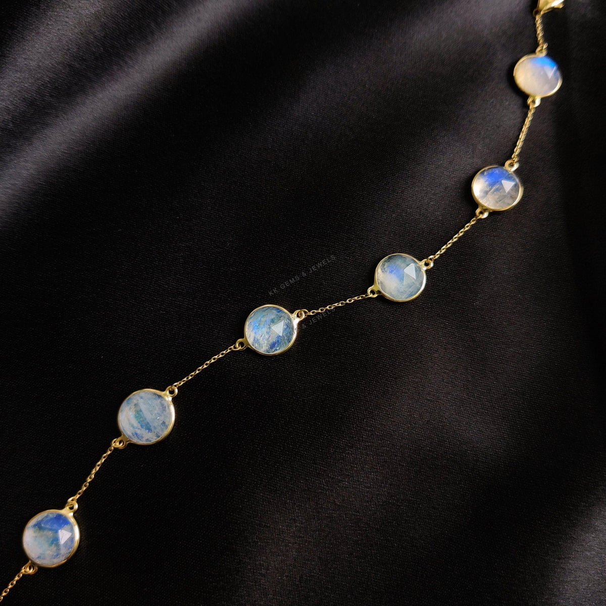 14K Solid Gold Natural Rainbow Moonstone Bracelet, Dainty Gemstone Chain