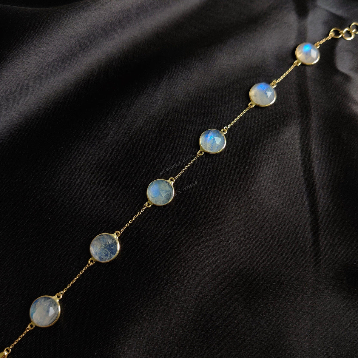 14K Solid Gold Natural Rainbow Moonstone Bracelet, Dainty Gemstone Chain