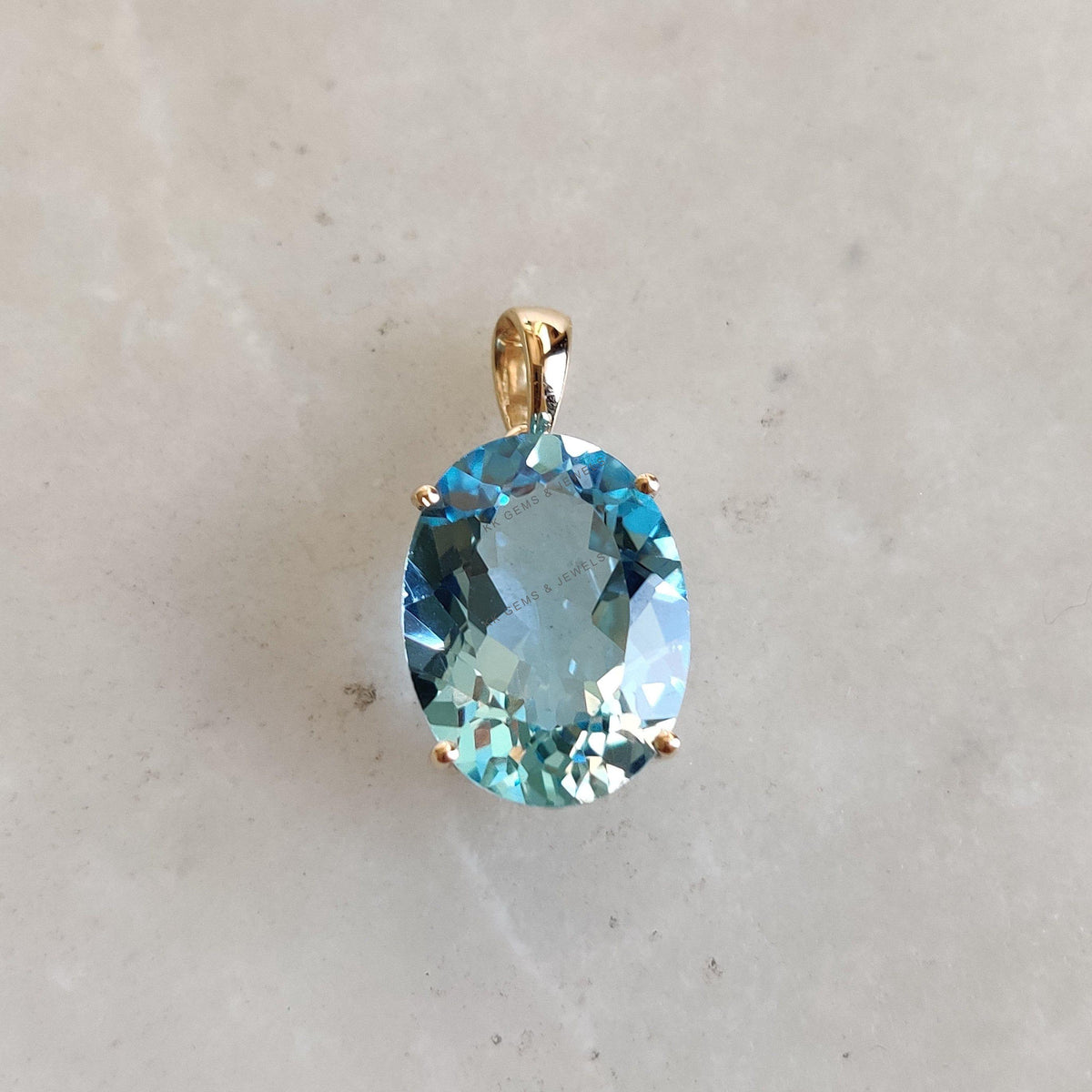 14K Solid Gold Natural Sky Blue Topaz Pendant, December Birthstone