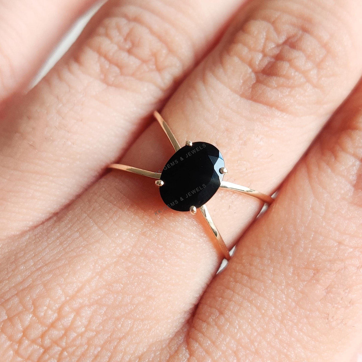 14K Solid Gold Natural Black Onyx Ring: Dainty December Birthstone