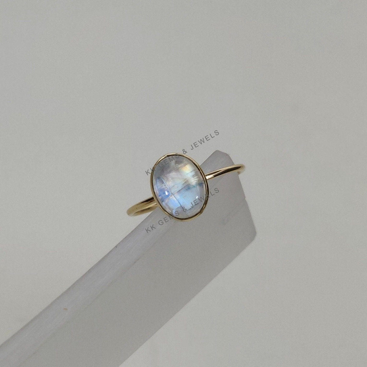 Natural Rainbow Moonstone Ring, 14K Solid Yellow Gold Bezel Ring, June Birthstone