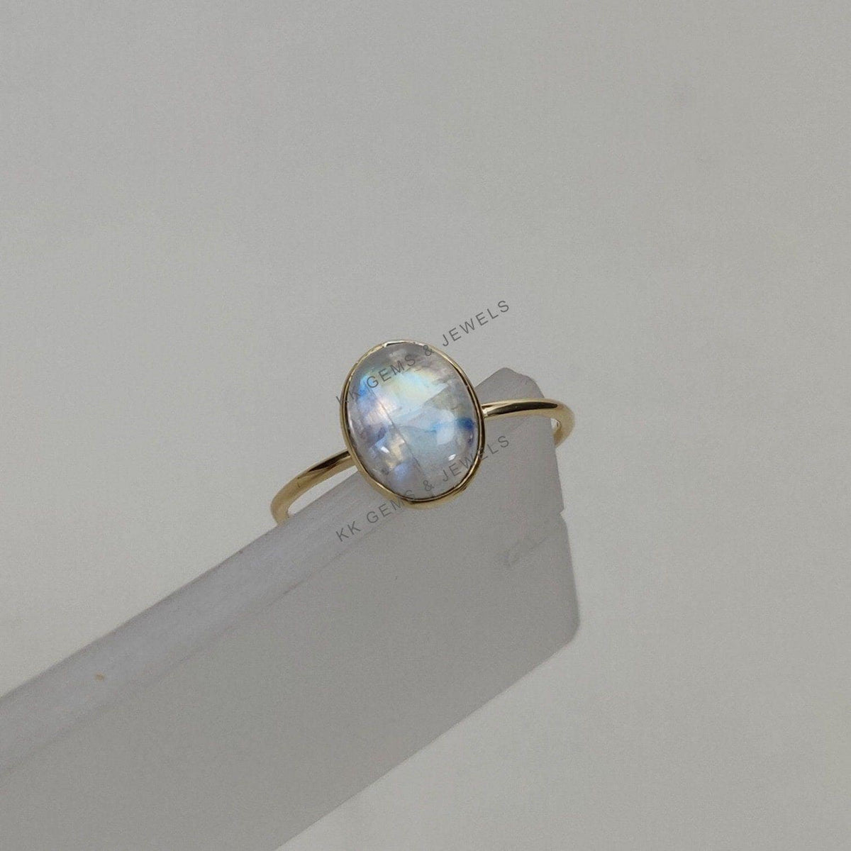 Natural Rainbow Moonstone Ring, 14K Solid Yellow Gold Bezel Ring, June Birthstone