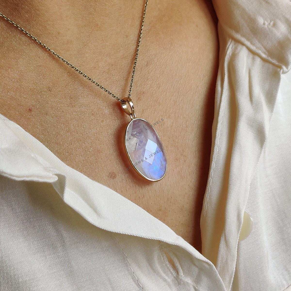 Natural Rainbow Moonstone 14K Solid Yellow Gold Bezel Pendant, June Birthstone Jewelry