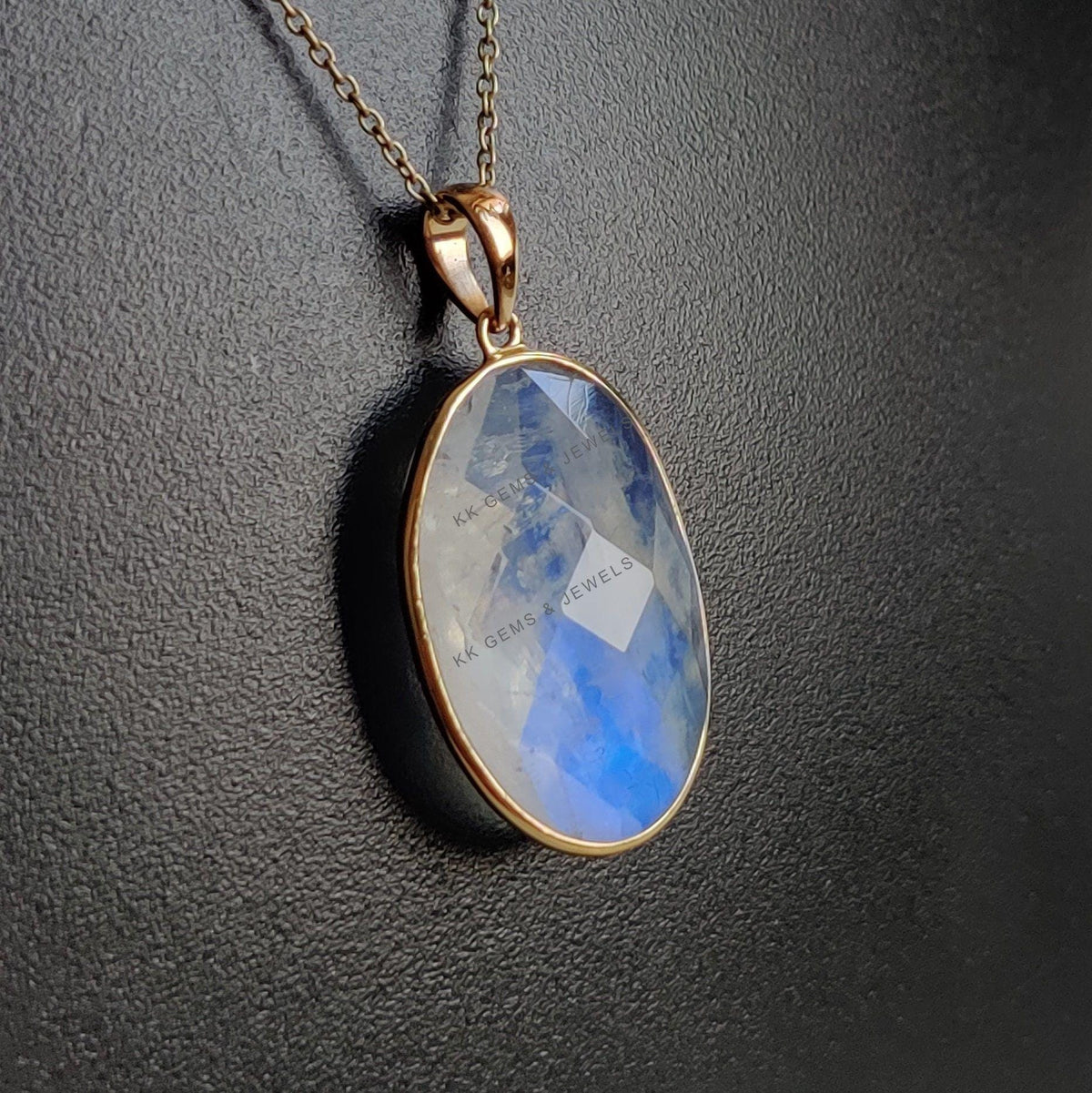 Natural Rainbow Moonstone 14K Solid Yellow Gold Bezel Pendant, June Birthstone Jewelry