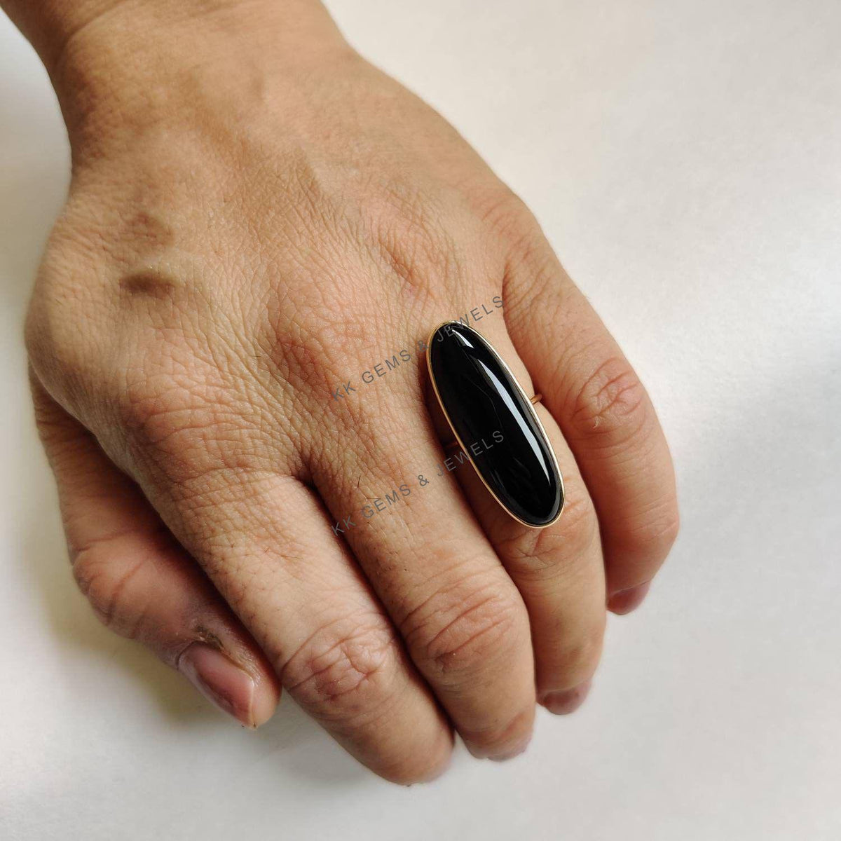 14k Solid Gold Natural Black Onyx Ring, Oblong Bezel Statement Jewelry