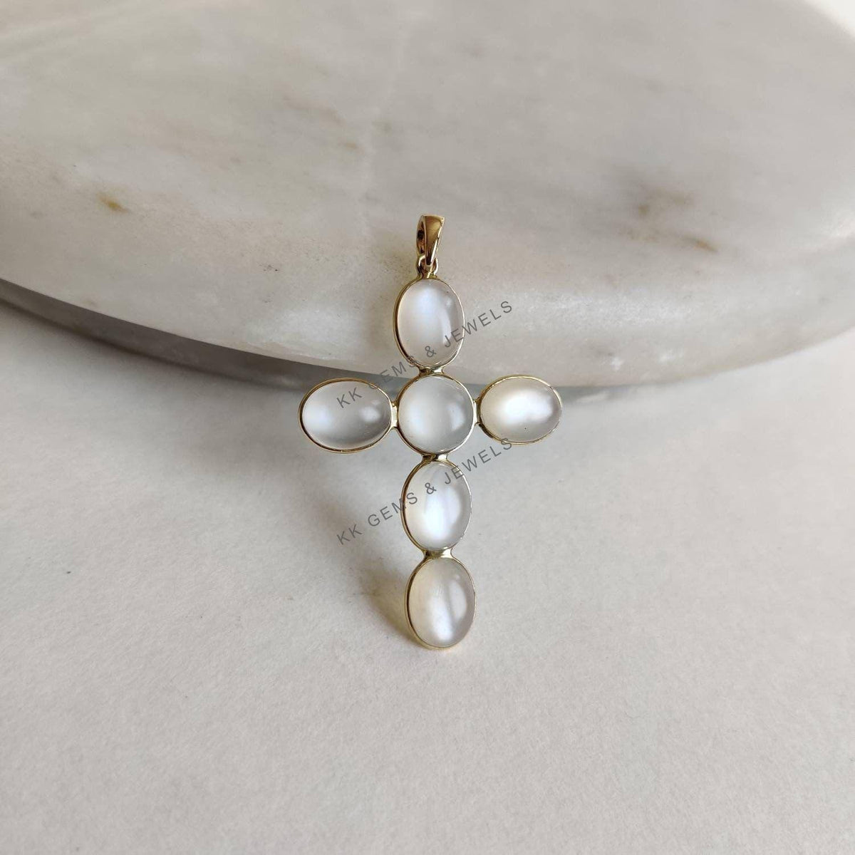 14K Solid Yellow Gold Natural White Moonstone Cross Pendant, June Birthstone