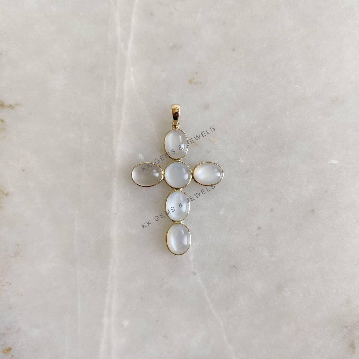 14K Solid Yellow Gold Natural White Moonstone Cross Pendant, June Birthstone