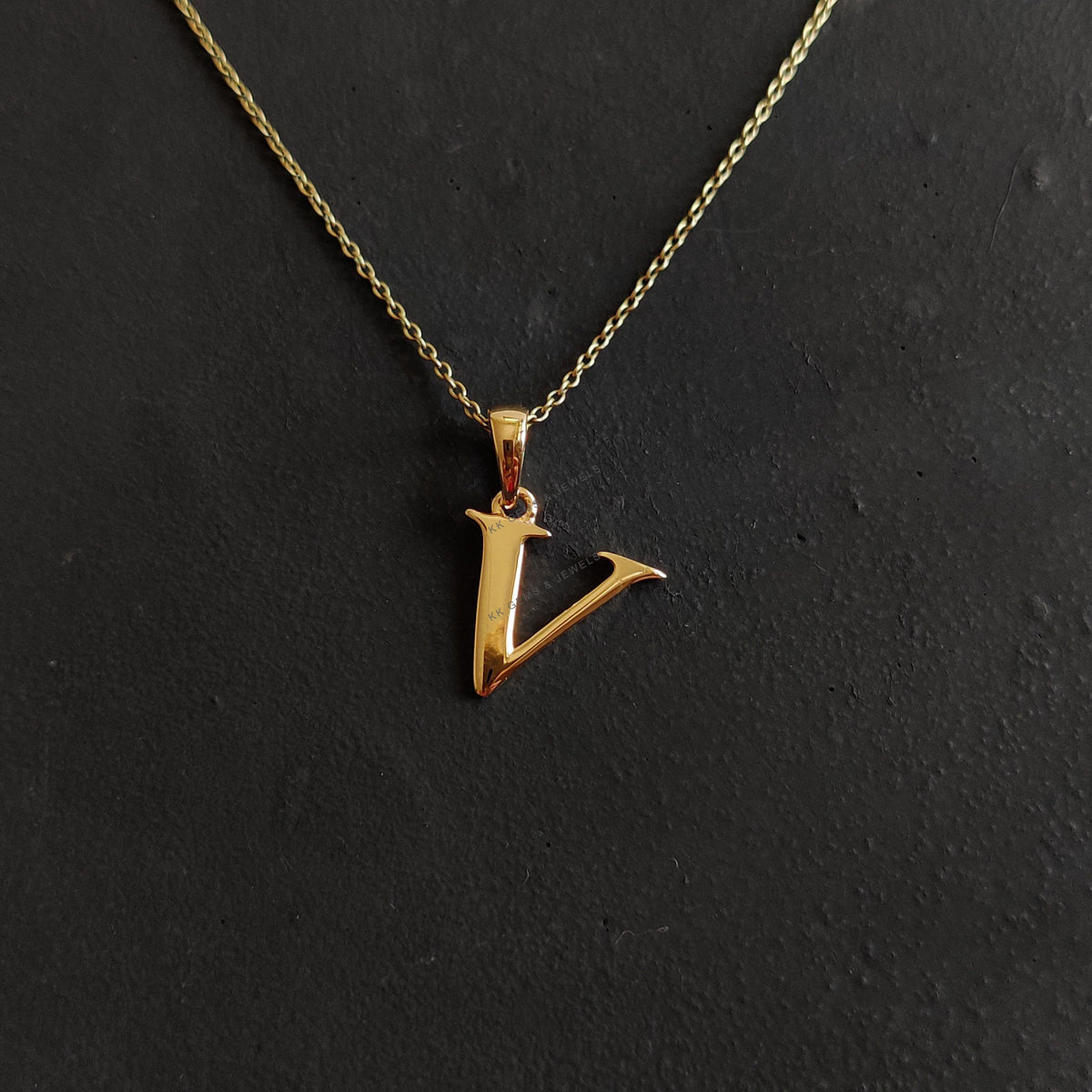 14K Solid Yellow Gold Initial V Pendant, Alphabet Letter Charm