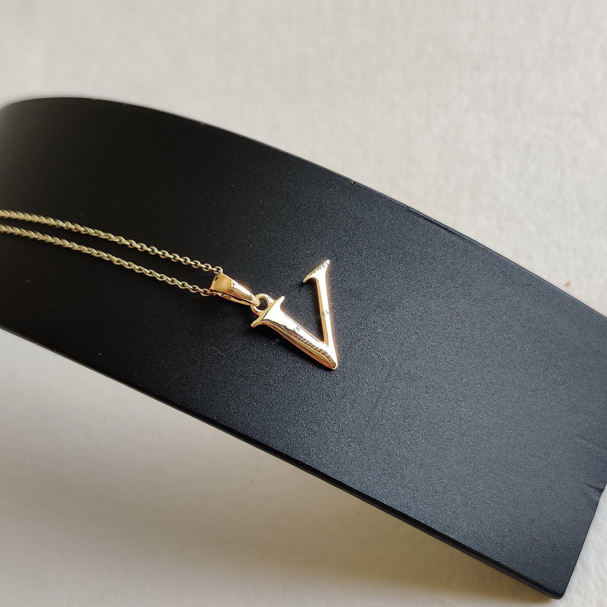 14K Solid Yellow Gold Initial V Pendant, Alphabet Letter Charm