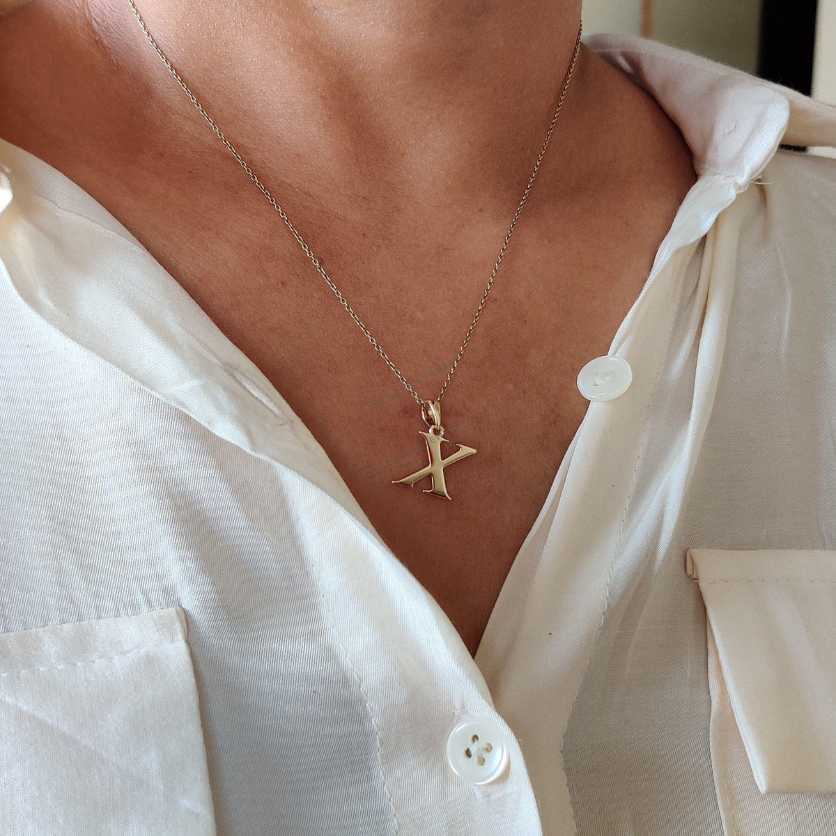 14K Solid Gold Initial X Pendant, Letter Charm