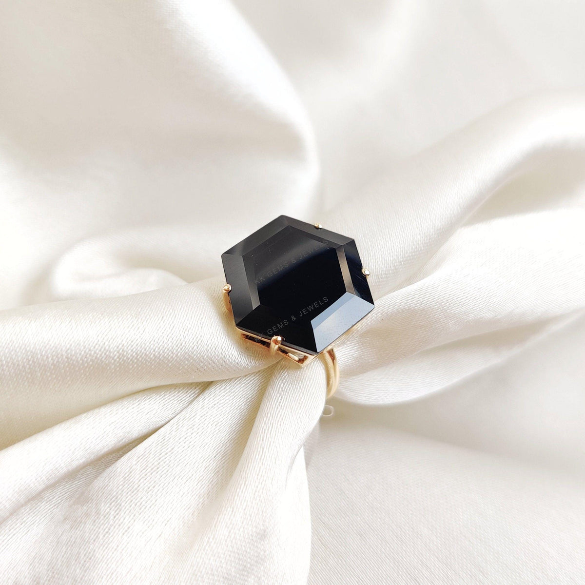 Natural Black Onyx Hexagon Ring, 14K Solid Yellow Gold Statement Ring
