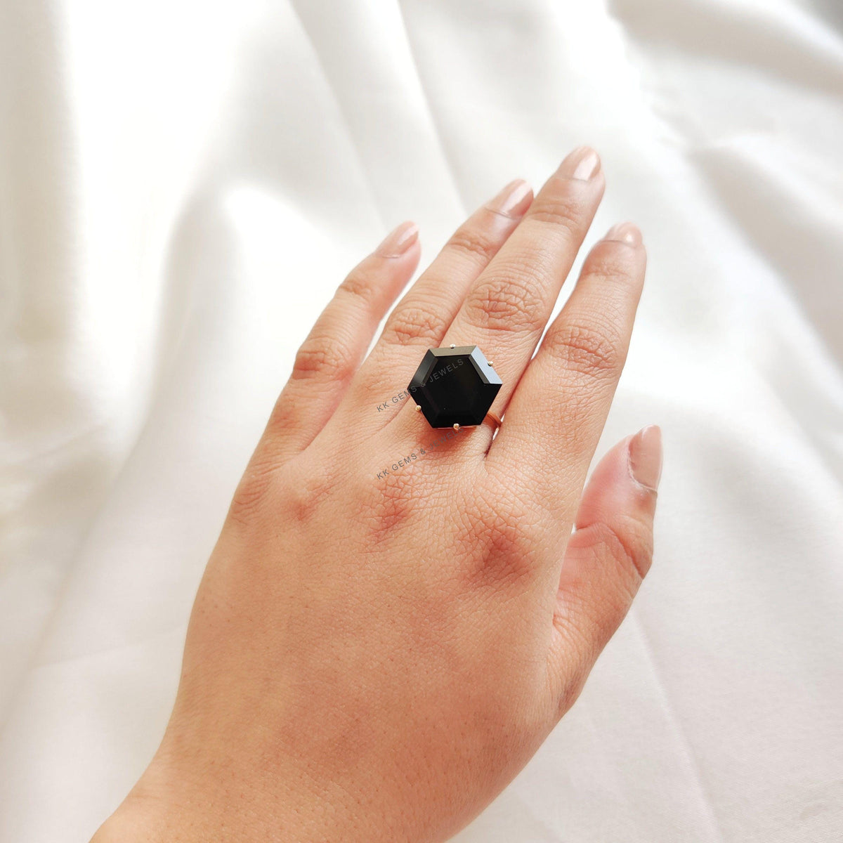 Natural Black Onyx Hexagon Ring, 14K Solid Yellow Gold Statement Ring