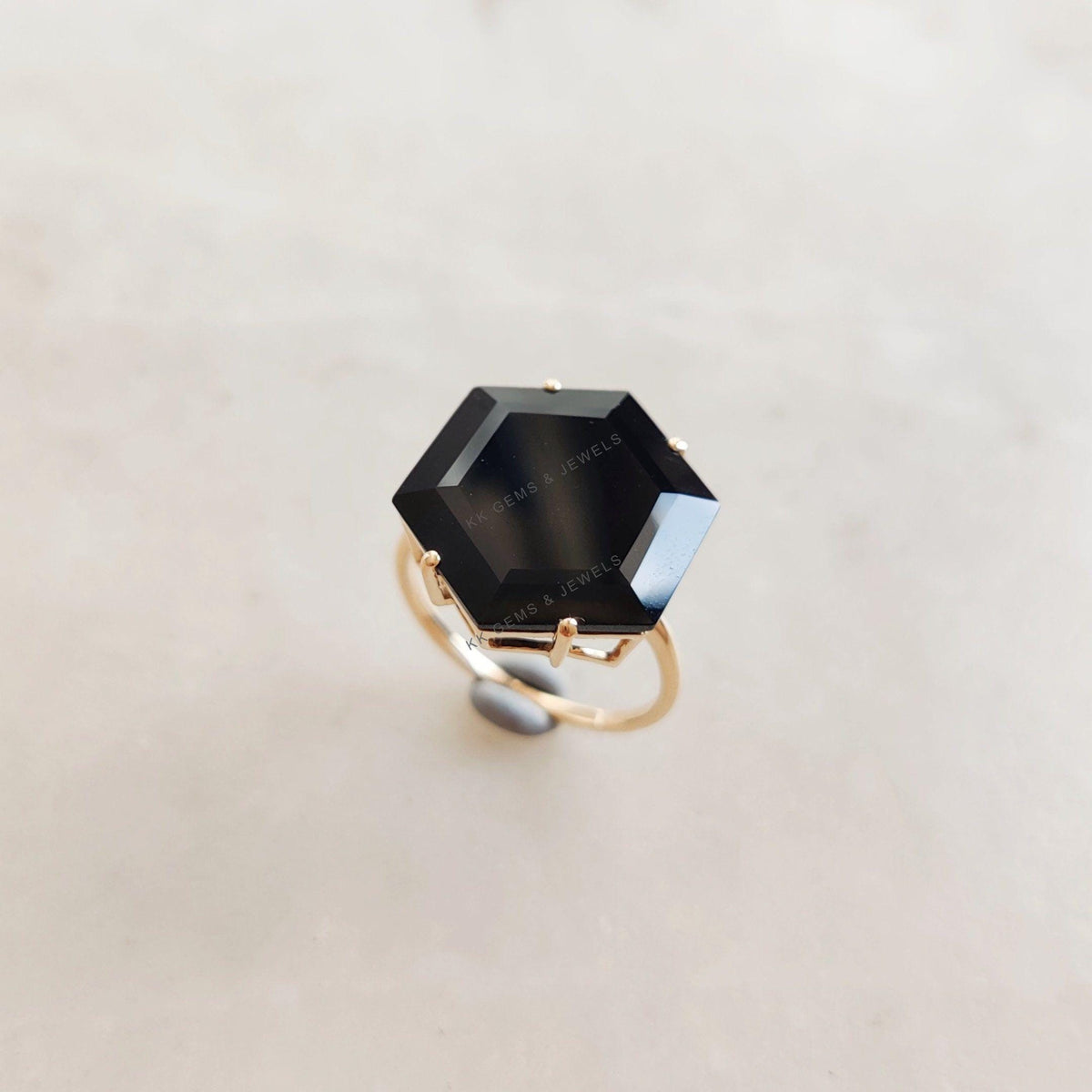 Natural Black Onyx Hexagon Ring, 14K Solid Yellow Gold Statement Ring