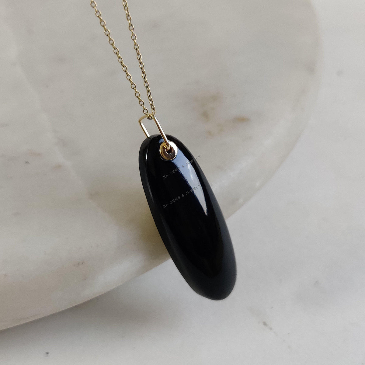 14K Solid Yellow Gold Natural Black Onyx Oblong Pendant, December Birthstone