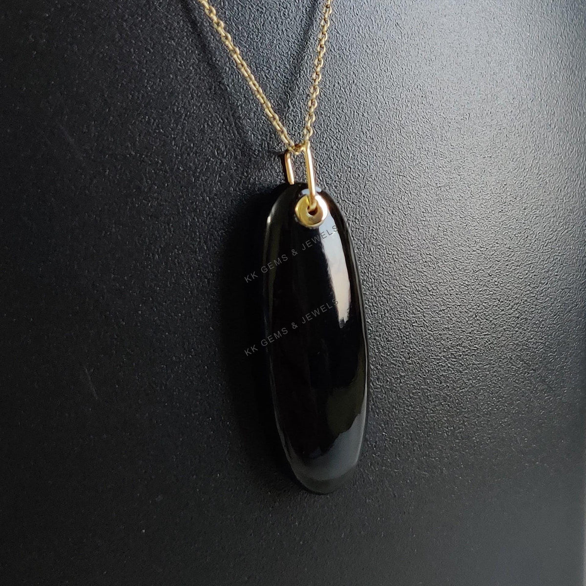 14K Solid Yellow Gold Natural Black Onyx Oblong Pendant, December Birthstone
