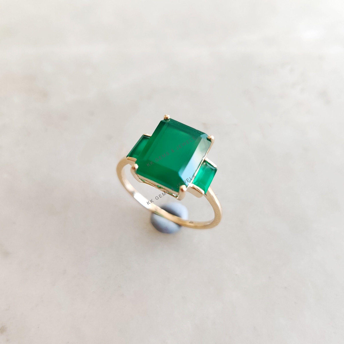 14K Solid Yellow Gold Natural Green Onyx Ring, May Birthstone