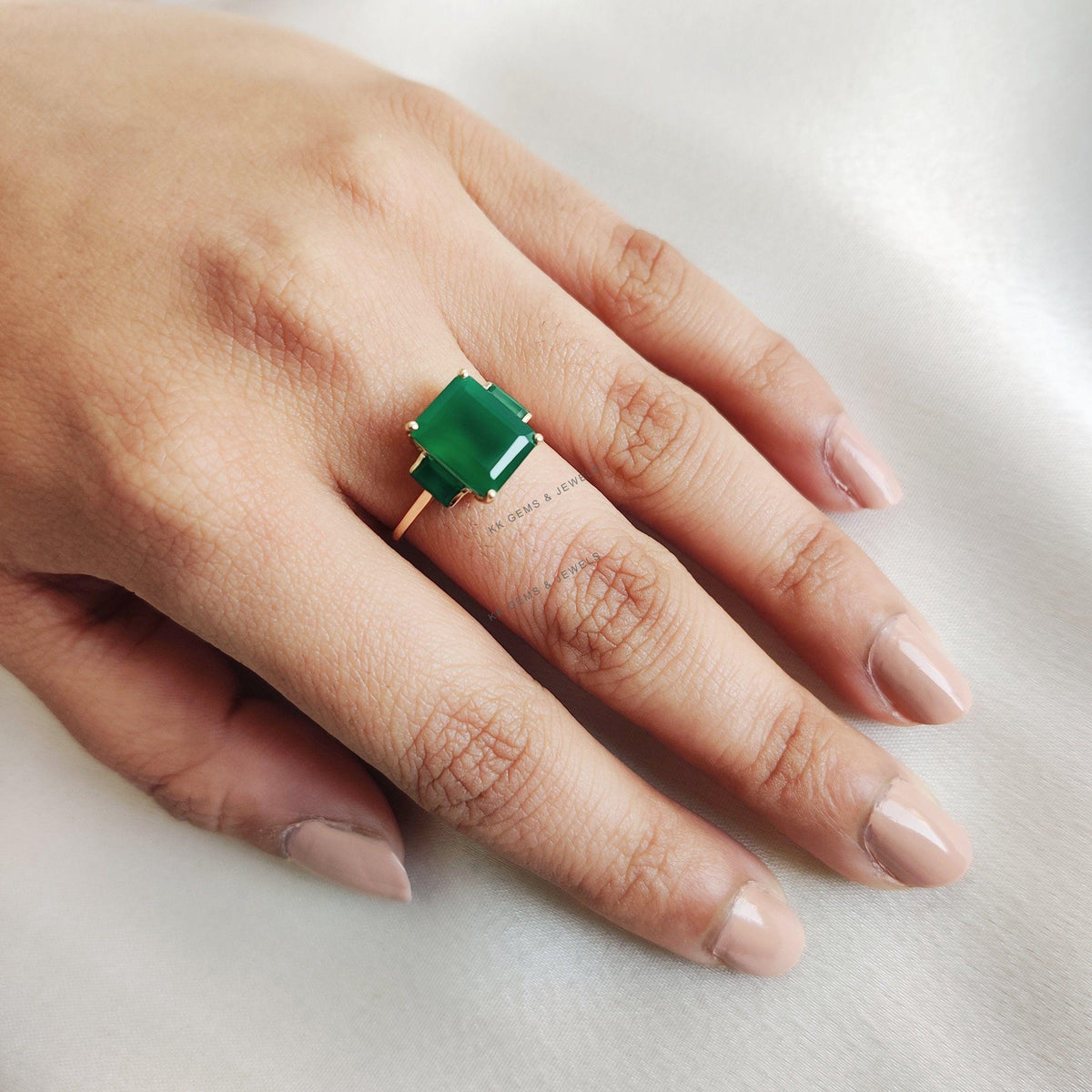 14K Solid Yellow Gold Natural Green Onyx Ring, May Birthstone