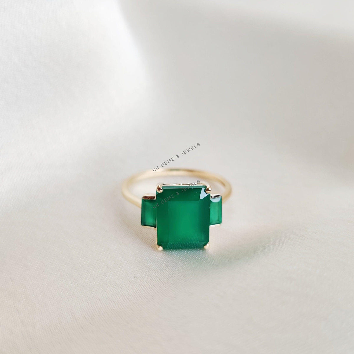 14K Solid Yellow Gold Natural Green Onyx Ring, May Birthstone