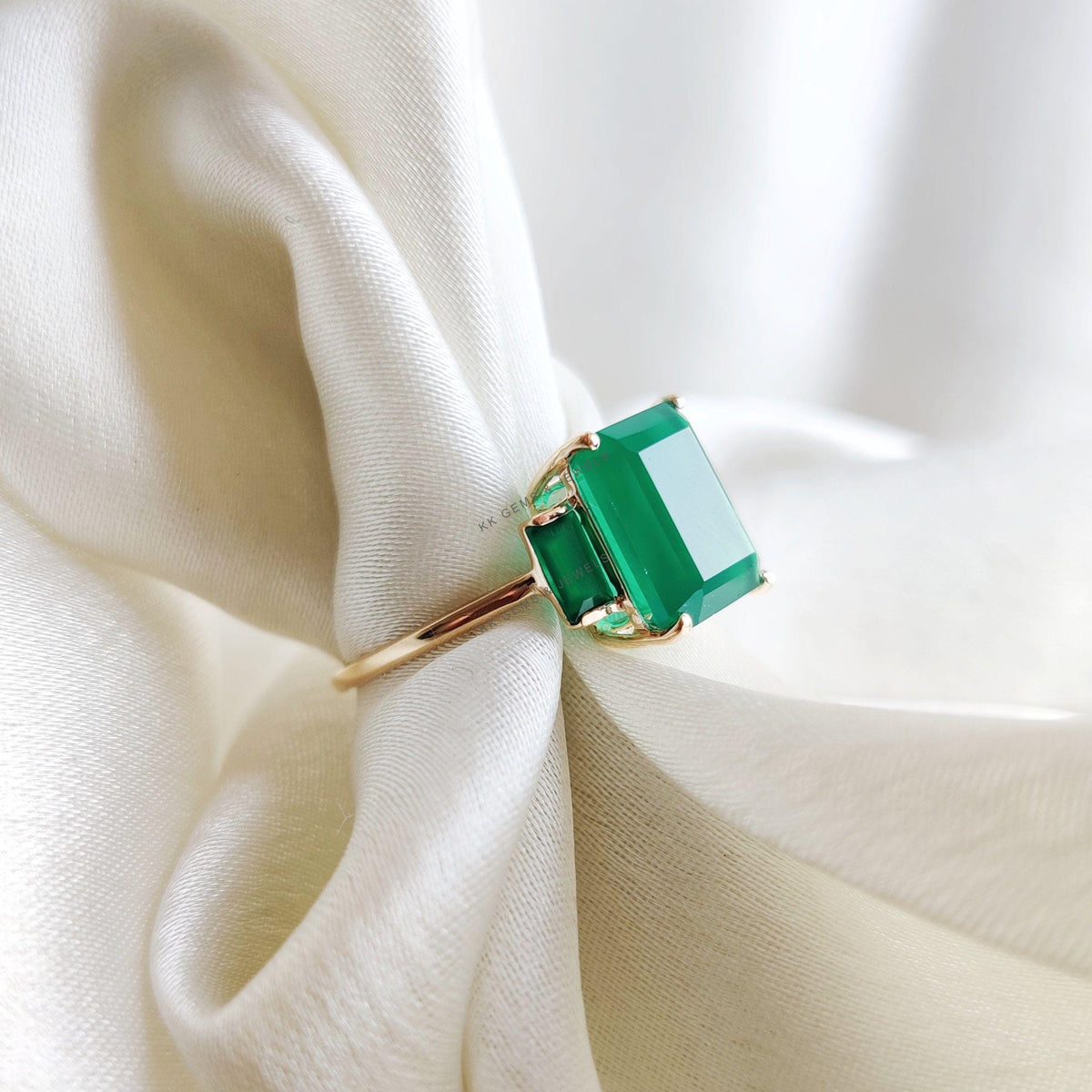 14K Solid Yellow Gold Natural Green Onyx Ring, May Birthstone