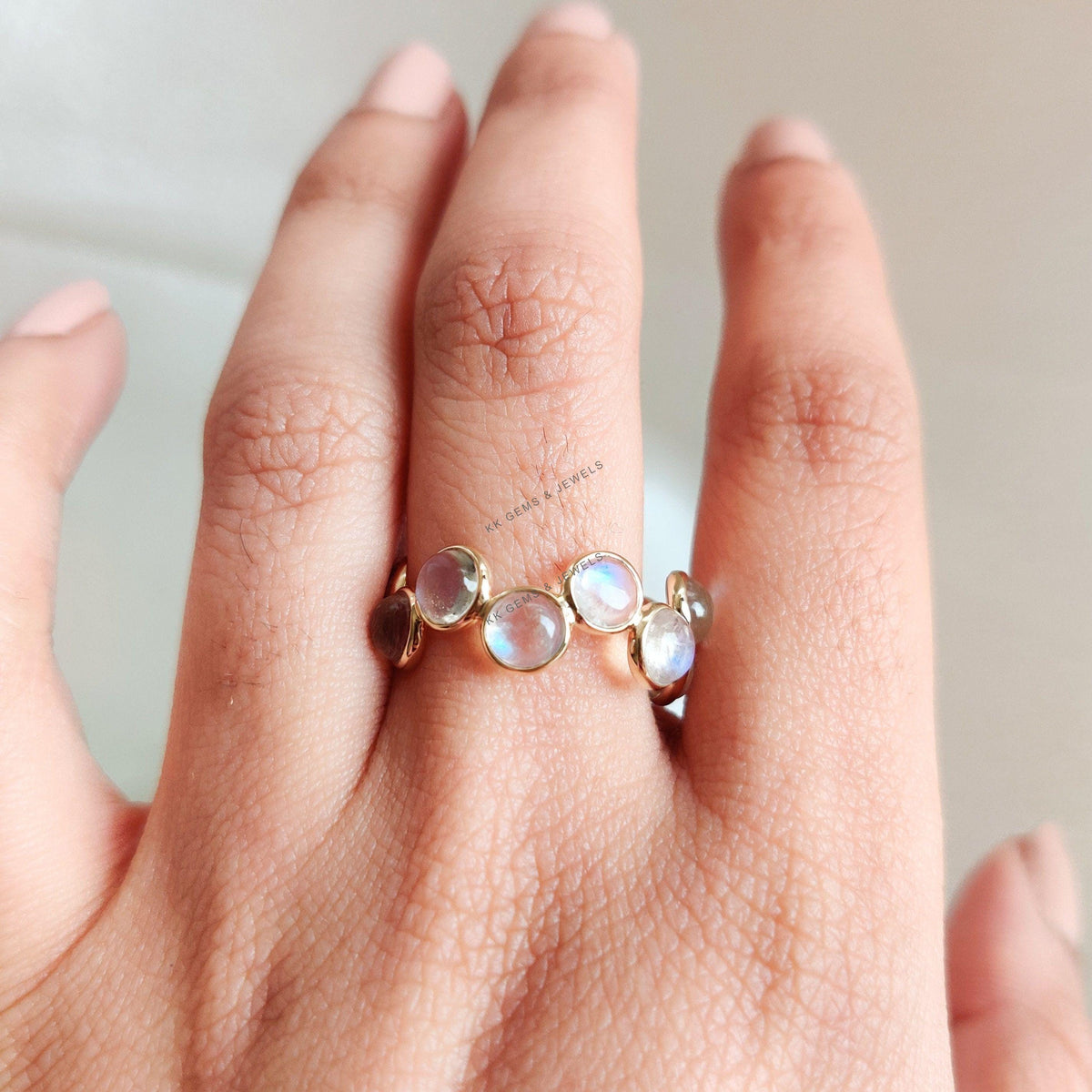 14K Solid Yellow Gold Natural Rainbow Moonstone Ring, June Birthstone