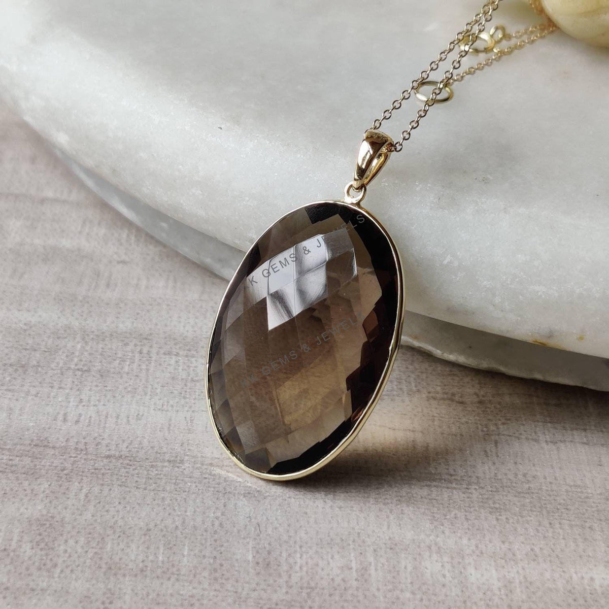 Natural Smoky Quartz Pendant: 14K Solid Yellow Gold Oval Bezel Pendant