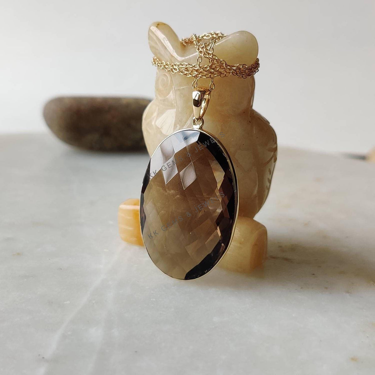 Natural Smoky Quartz Pendant: 14K Solid Yellow Gold Oval Bezel Pendant
