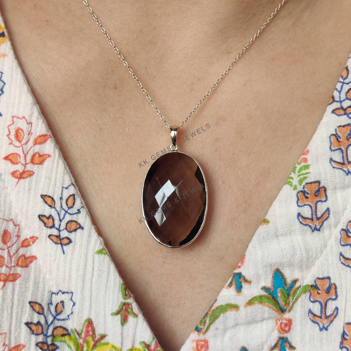 Natural Smoky Quartz Pendant: 14K Solid Yellow Gold Oval Bezel Pendant