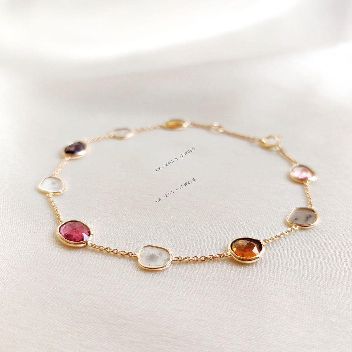 Natural Tourmaline & Diamond Polki Bracelet, 14K Solid Gold Bracelet, October Birthstone