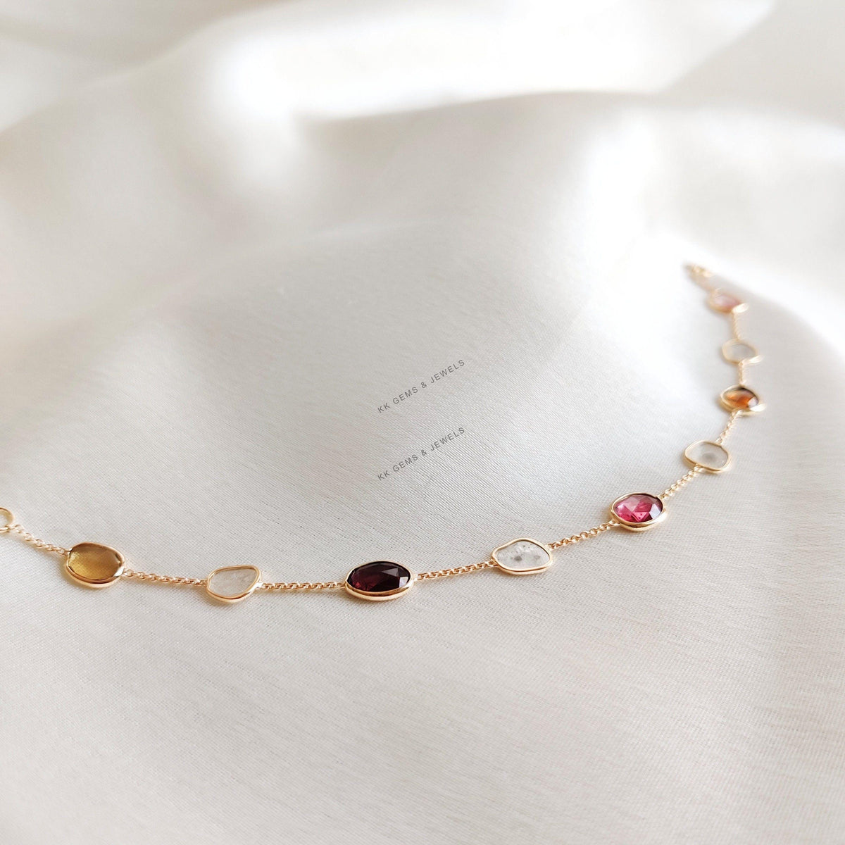 Natural Tourmaline & Diamond Polki Bracelet, 14K Solid Gold Bracelet, October Birthstone