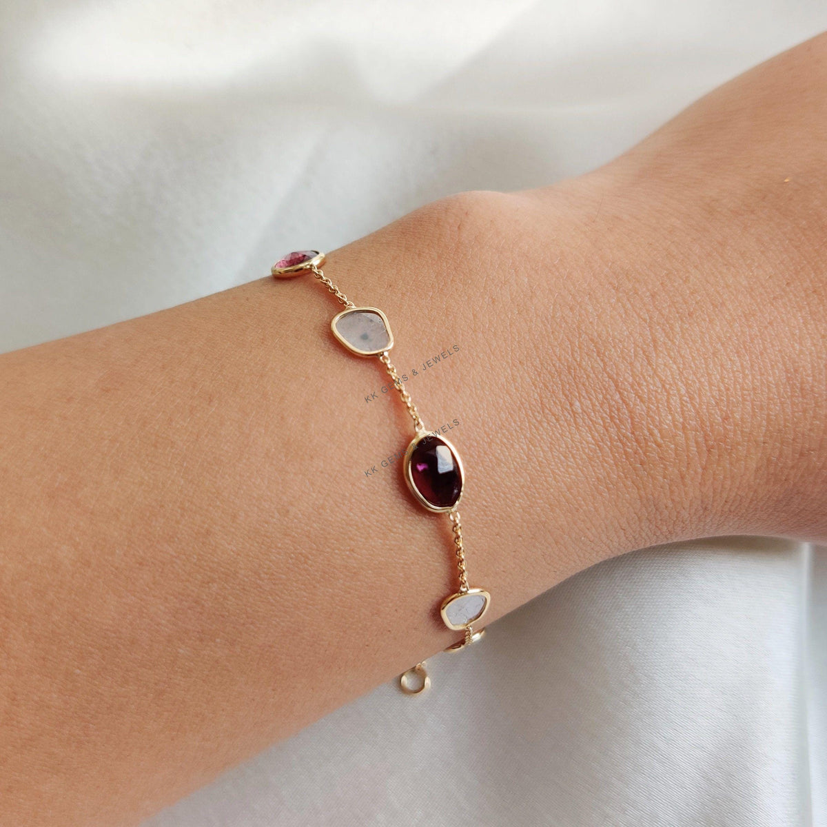 Natural Tourmaline & Diamond Polki Bracelet, 14K Solid Gold Bracelet, October Birthstone