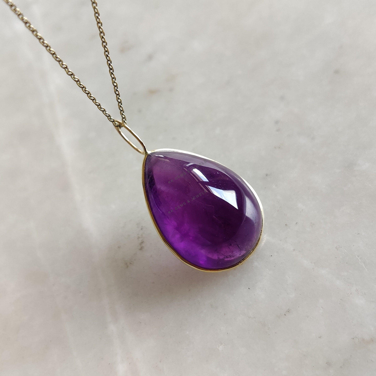 14K Solid Yellow Gold Pear Natural Purple Amethyst Pendant, February Birthstone