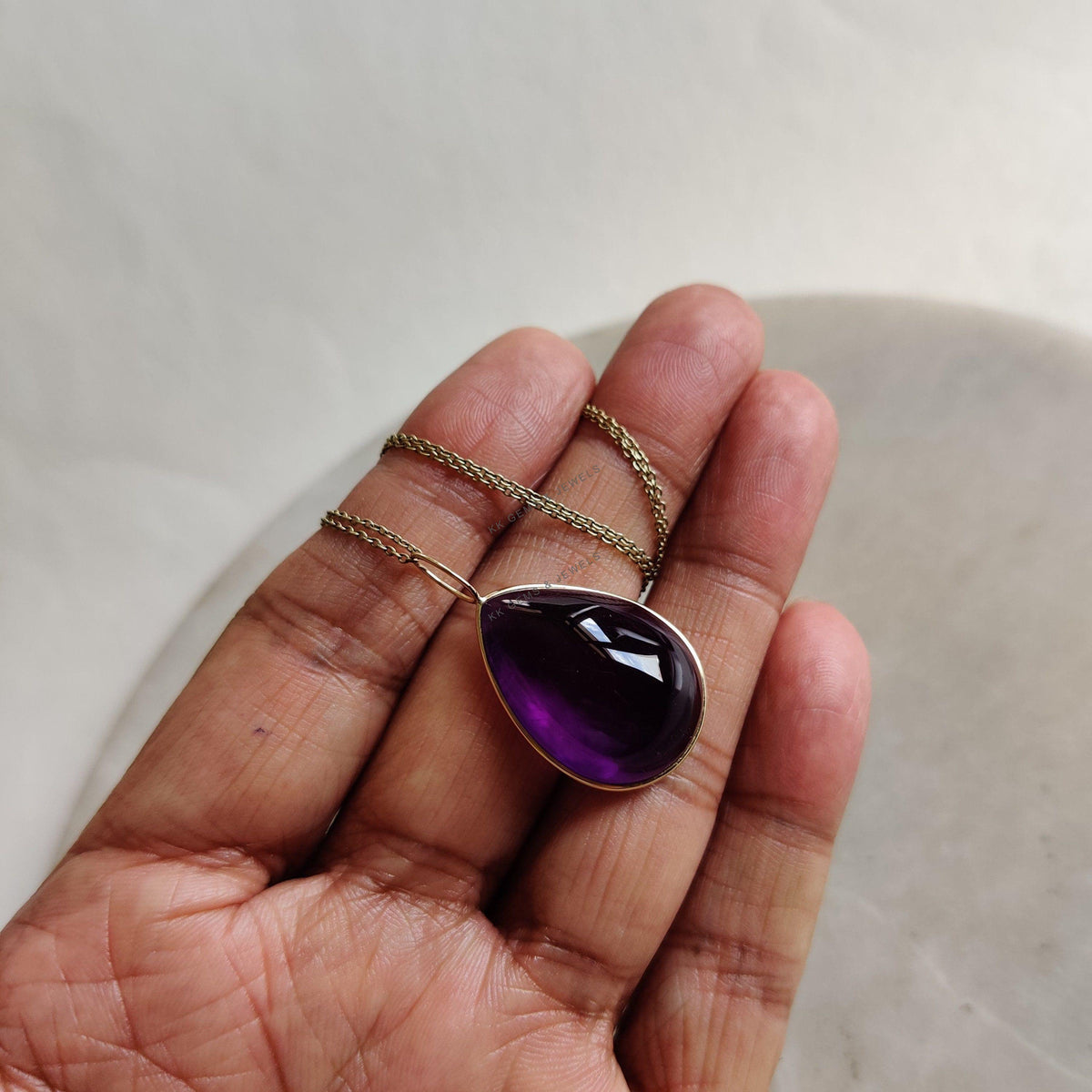 14K Solid Yellow Gold Pear Natural Purple Amethyst Pendant, February Birthstone