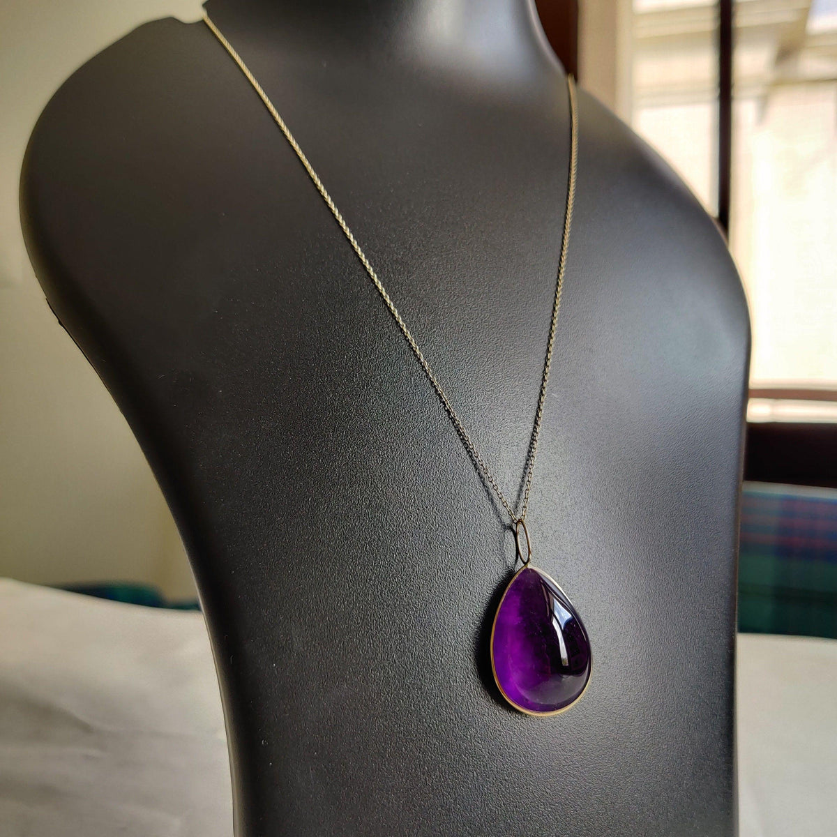 14K Solid Yellow Gold Pear Natural Purple Amethyst Pendant, February Birthstone