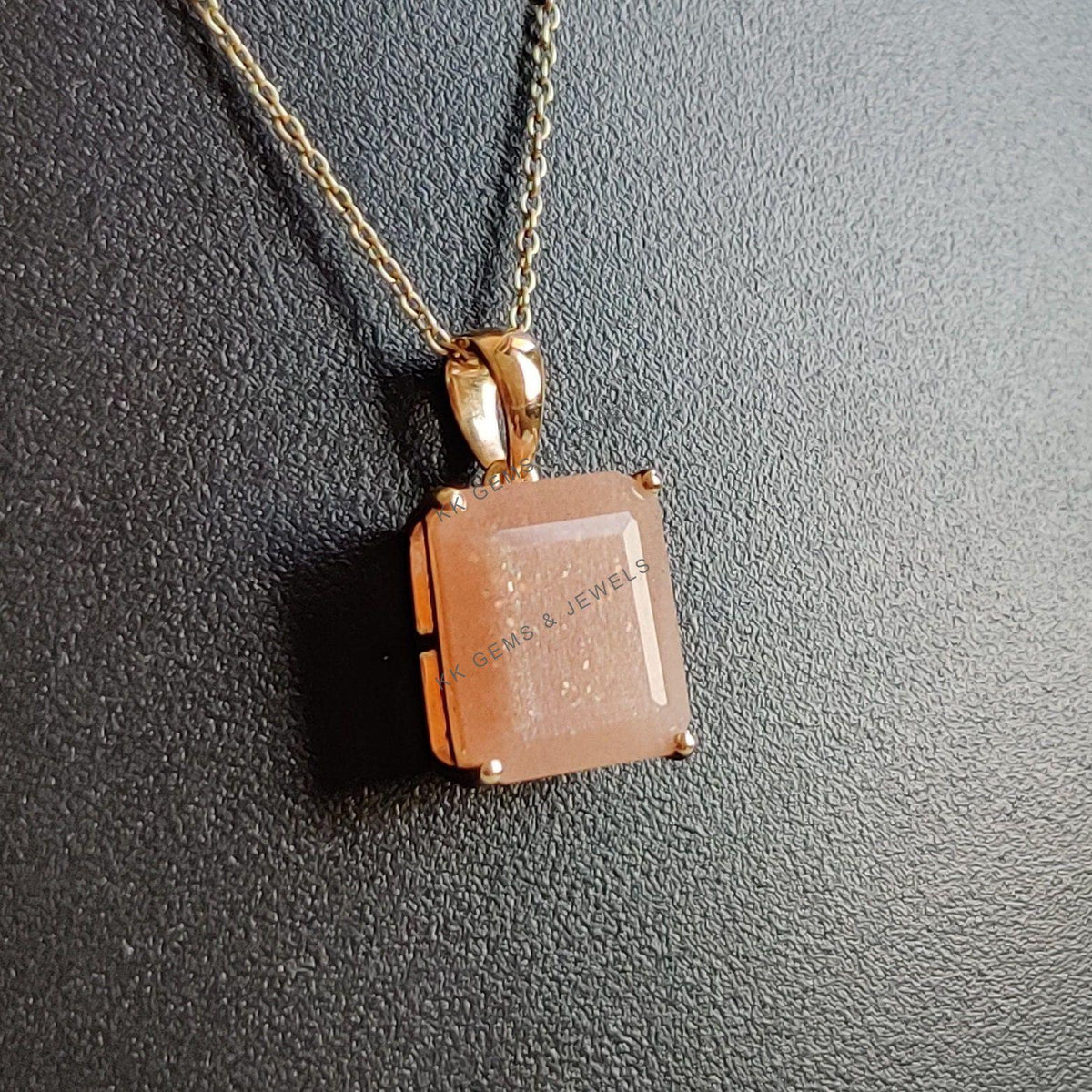 Natural Peach Moonstone Pendant, 14K Solid Yellow Gold, June Birthstone