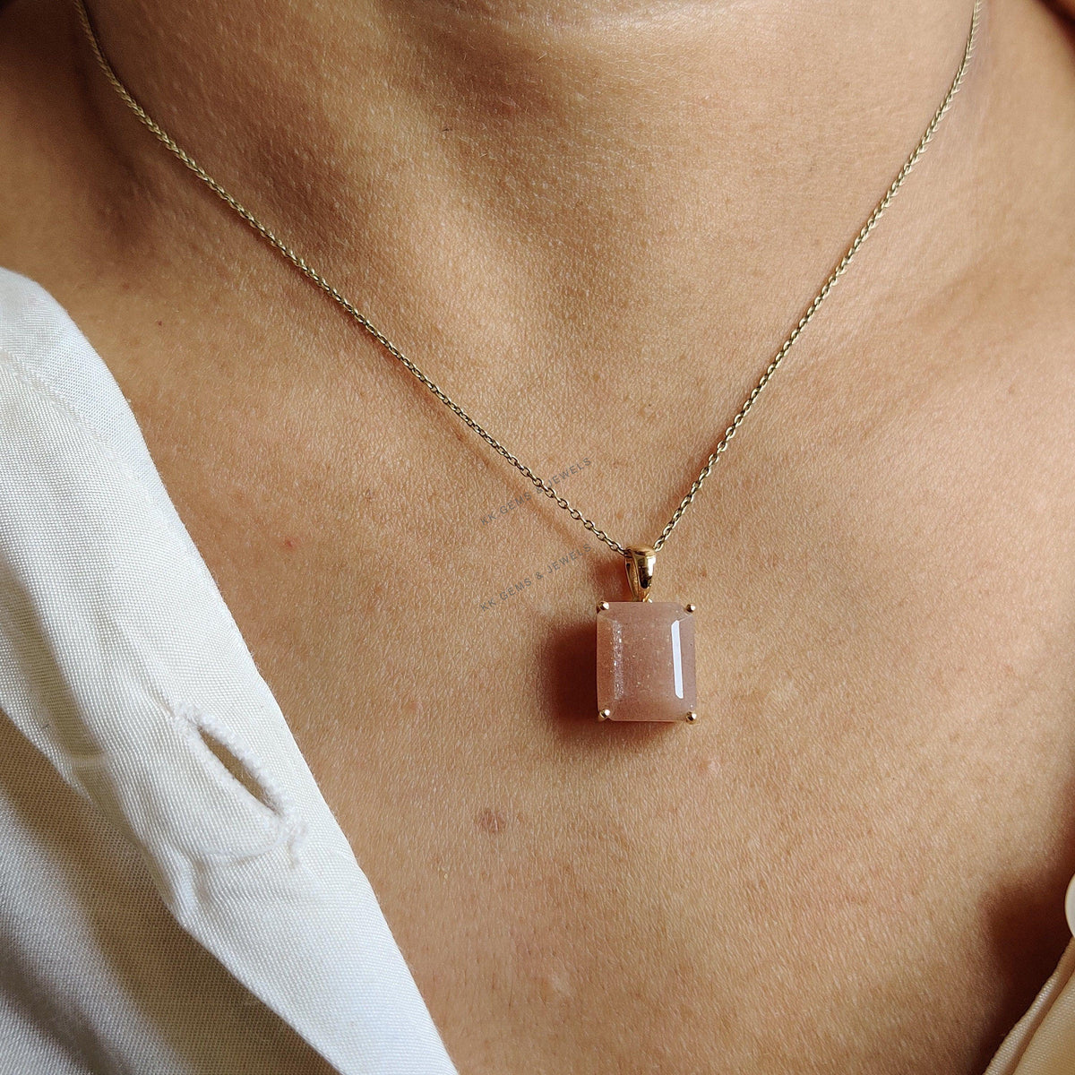 Natural Peach Moonstone Pendant, 14K Solid Yellow Gold, June Birthstone