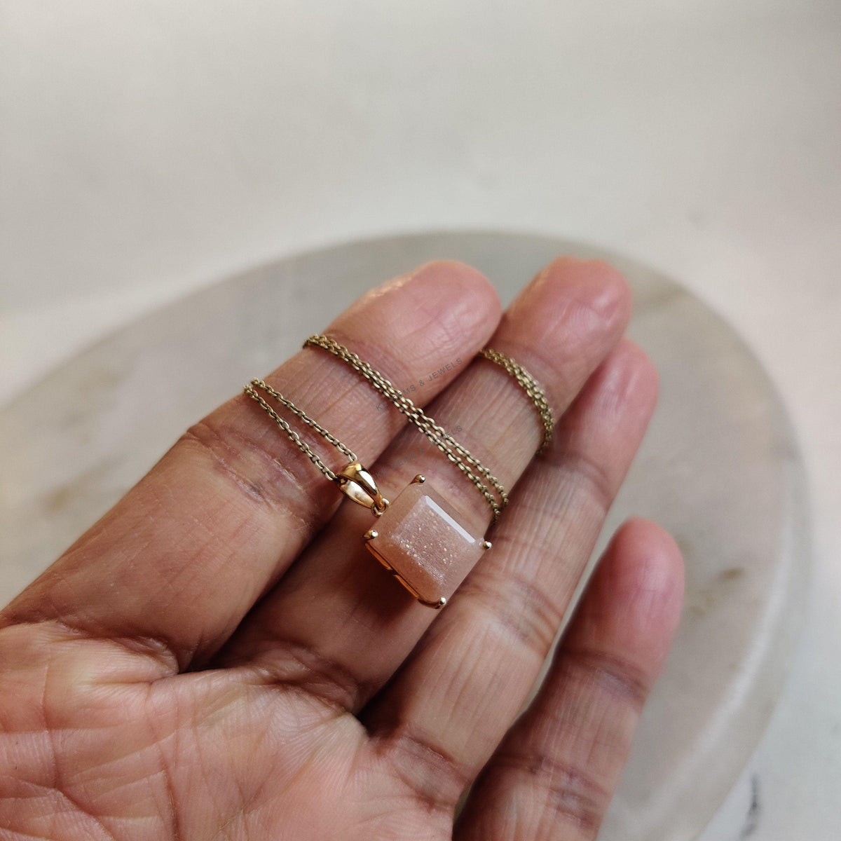 Natural Peach Moonstone Pendant, 14K Solid Yellow Gold, June Birthstone