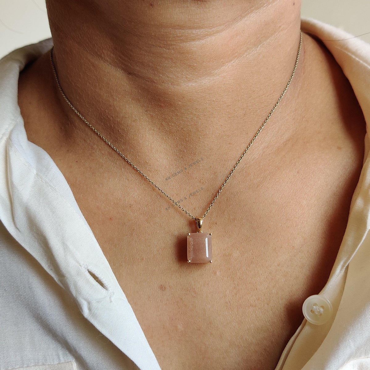 Natural Peach Moonstone Pendant, 14K Solid Yellow Gold, June Birthstone
