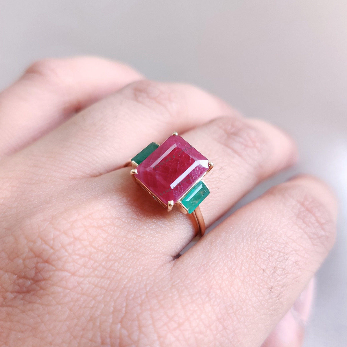 Natural Ruby and Emerald 14K Solid Gold Ring, Multi Stone Ring