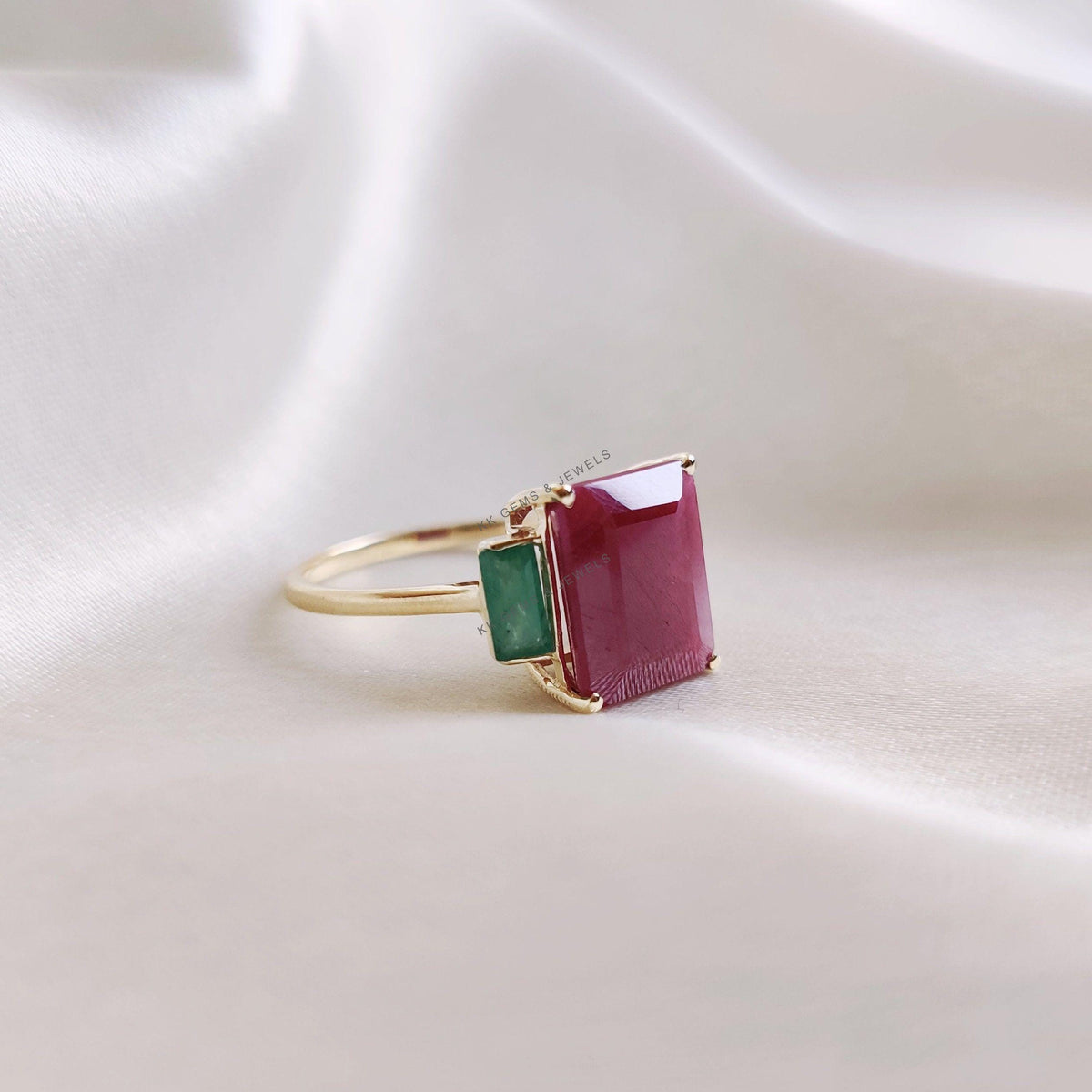 Natural Ruby and Emerald 14K Solid Gold Ring, Multi Stone Ring