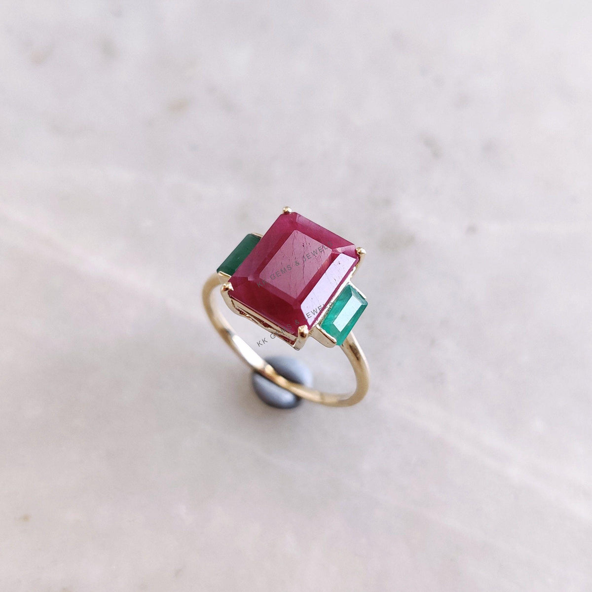 Natural Ruby and Emerald 14K Solid Gold Ring, Multi Stone Ring