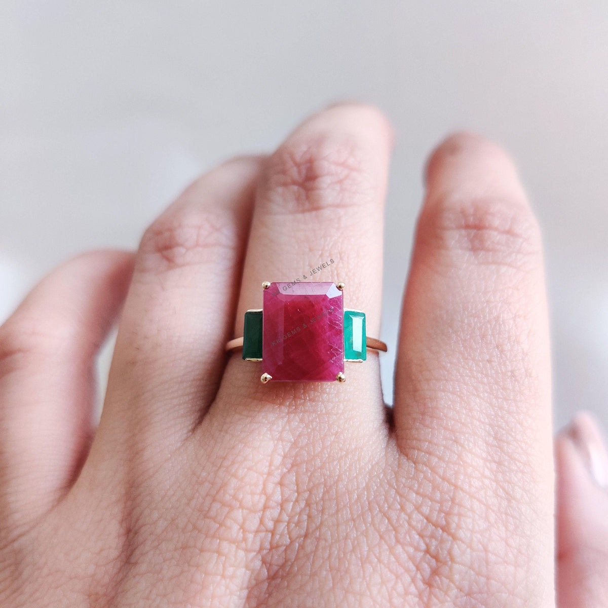 Natural Ruby and Emerald 14K Solid Gold Ring, Multi Stone Ring